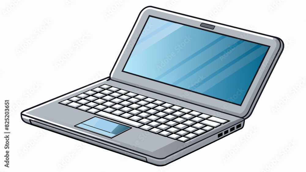 Poster A sleek silver laptop with a backlit keyboard and multiple ports for efficient use. Its smooth surface and lightweight design make it a practical and. Cartoon Vector.