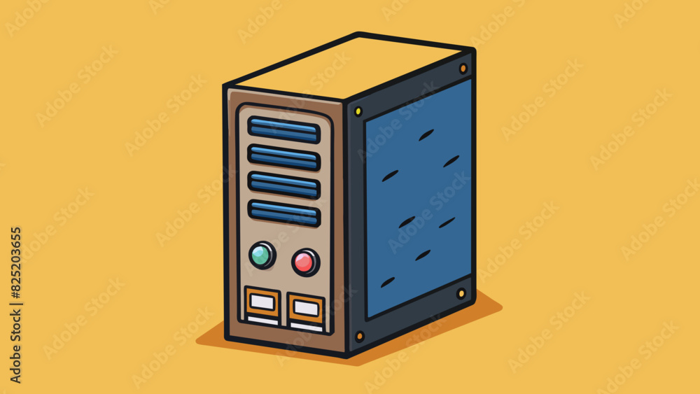 Poster A slow computer The computer is a desktop tower with a black casing and several ports and buttons on the front. When turned on it takes a. Cartoon Vector.