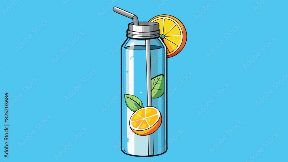 Poster a sleek silver water bottle with a brightlycolored straw filled with ice cold water and slices of ci