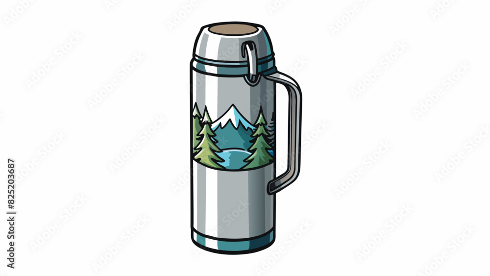 Poster a sleek silver thermos perfect for keeping drinks hot or cold. it has a twistoff lid and a sy handle