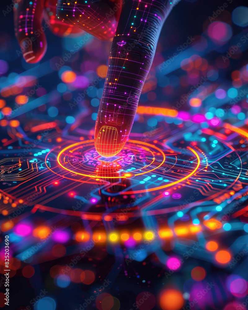 Poster a finger is pointing at a glowing, colorful, and abstract design. concept of curiosity and wonder, a