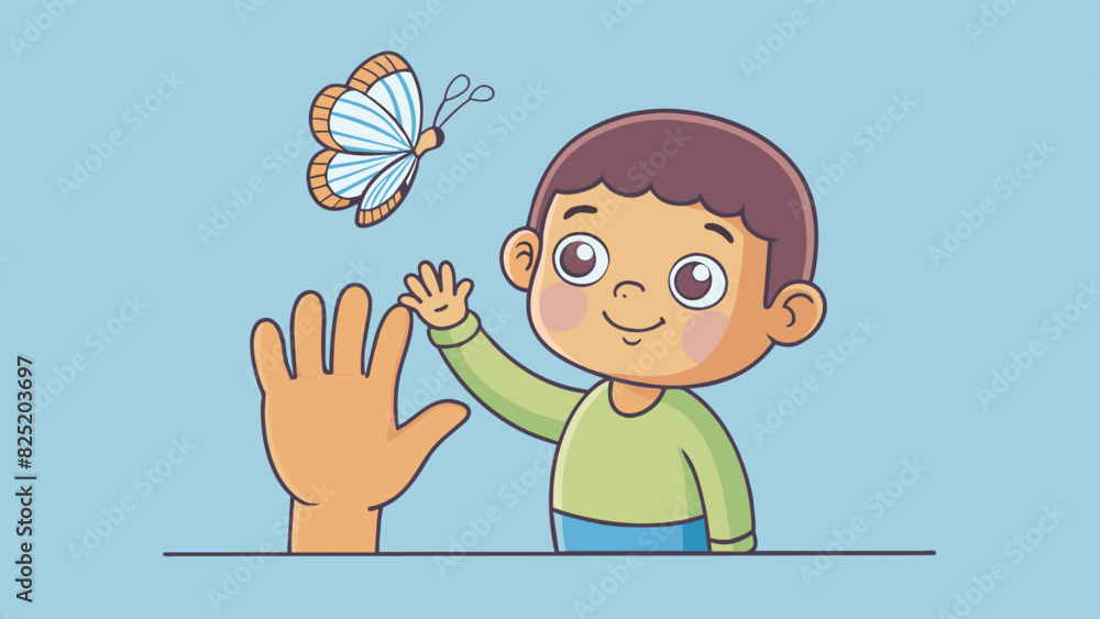 Poster a small childs hand reaching up to touch a butterfly with chubby fingers and a dimpled palm that sho