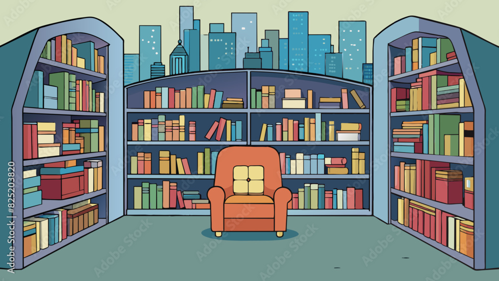 Poster a small library hidden in the middle of a bustling city tucked away from the noise and commotion. th