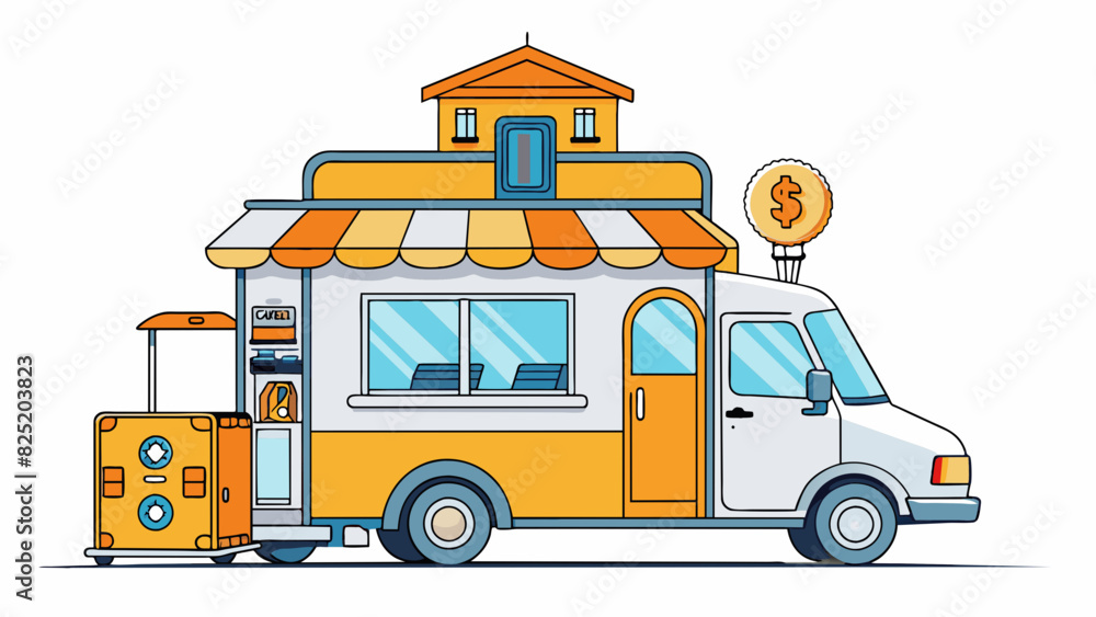 Aufkleber A small mobile bank located on a busy street corner. It is a converted van with the banks logo and services painted on the side. Inside there is a. Cartoon Vector.