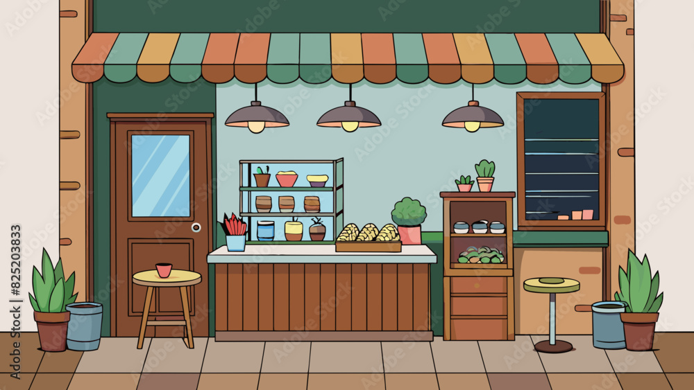 Aufkleber A small quaint cafe with a wooden sign hanging above the entrance. Inside there is a long counter with a display case filled with colorful pastries. Cartoon Vector.