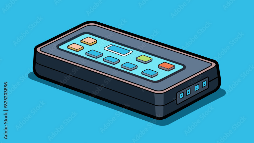 Poster A small rectangular device emits a soft blue light on a desk. Its sleek black exterior is covered in buttons each labeled with a different symbol. It. Cartoon Vector.