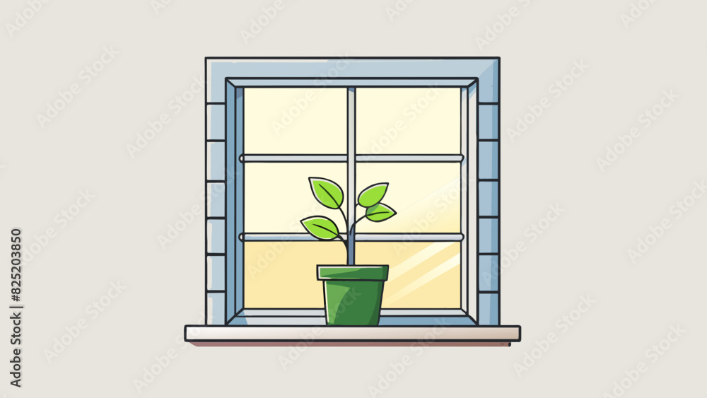 Poster A small potted plant is sitting on a white windowsill its leaves stretching towards the sunlight coming through the window.. Cartoon Vector.