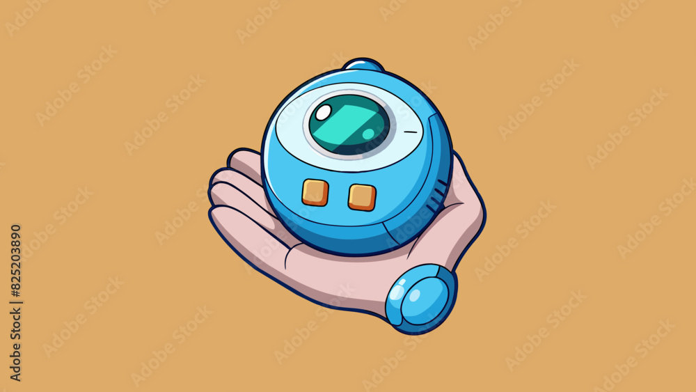 Aufkleber A small round object with a power button This object fits comfortably in the palm of ones hand and is circular in shape. It has a single button on one. Cartoon Vector.