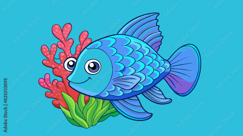 Poster A small round fish with shimmering blue scales and delicate fluttery fins flitting around a colorful coral reef.. Cartoon Vector.
