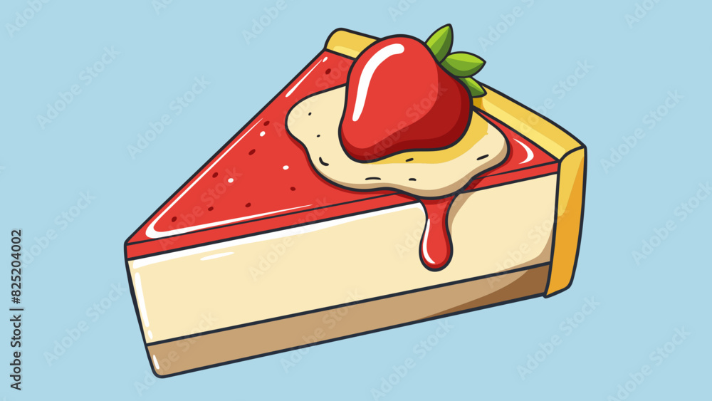Poster A smooth creamy slice of cheesecake with a golden graham cracker crust and a drizzle of rich strawberry sauce on top.. Cartoon Vector.