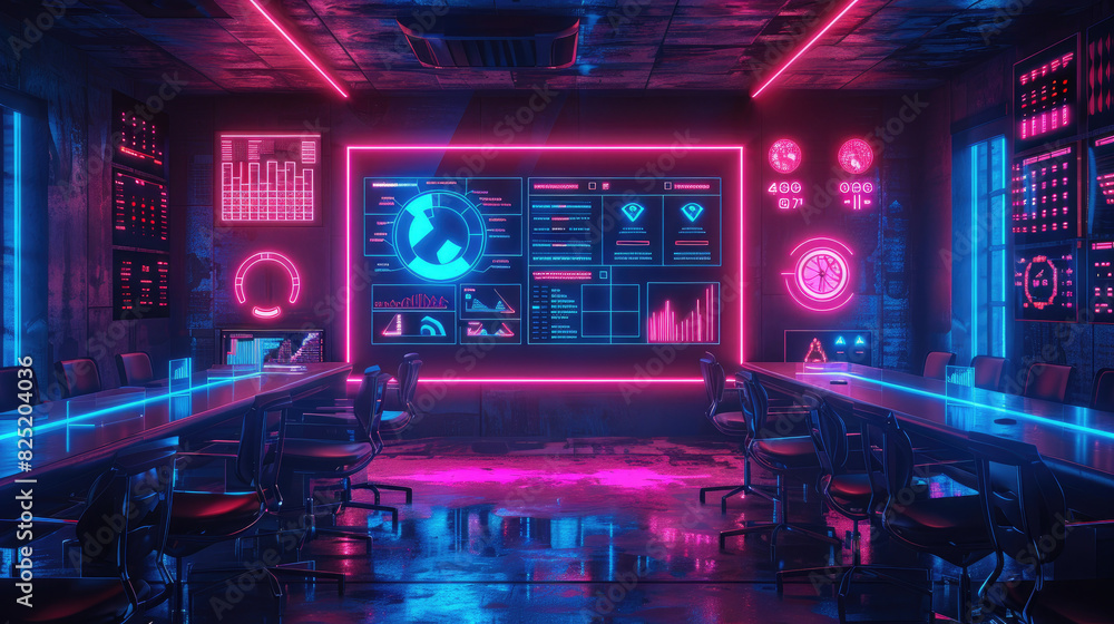 Poster a neon room with a large screen displaying a graph. the room is filled with chairs and a computer mo