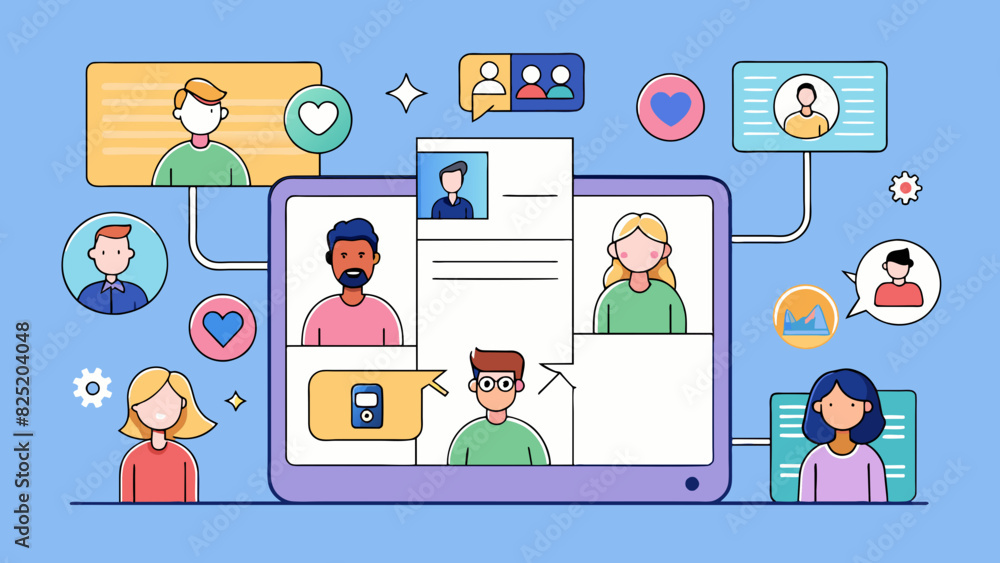 Poster A social media platform This software is a virtual community where users can create profiles connect with others and share content such as photos. Cartoon Vector.