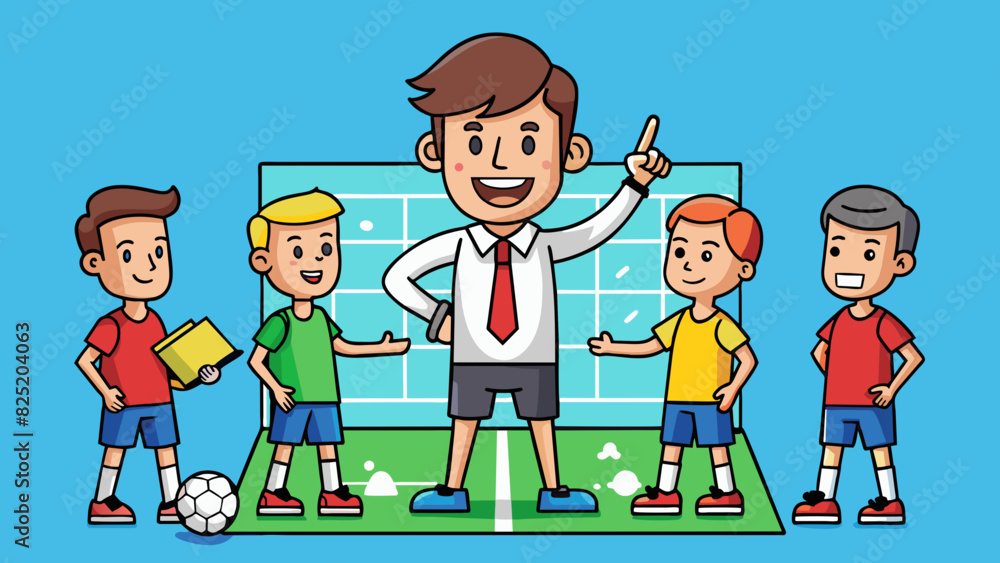 Poster A soccer coach manages the team creating game strategies training players and fostering a positive team dynamic.. Cartoon Vector.
