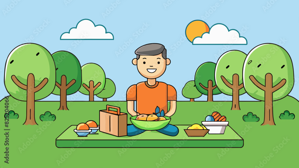 Poster a smiling person enjoying a picnic in a park surrounded by trees and fresh air. the person is relaxe