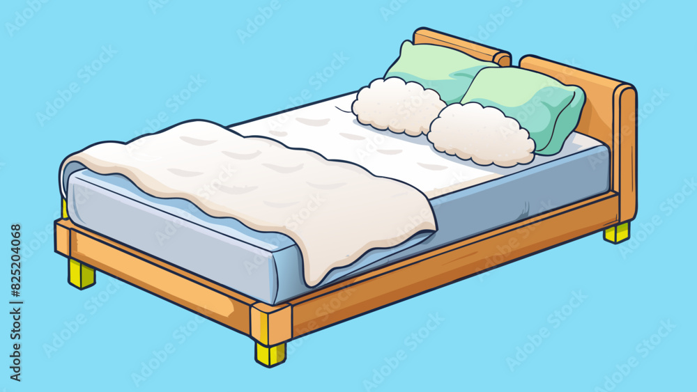 Aufkleber A soft bed with fluffy pillows and warm blankets inviting you to sink in and relax. The sheets are smooth and cool to the touch and the mattress molds. Cartoon Vector.