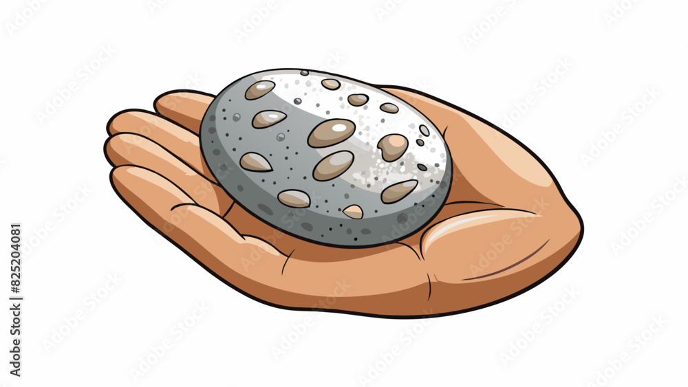 Poster A smooth shiny pebble resting in the palm of a hand. Its surface is speckled with different shades of brown and grey yet it feels surprisingly warm to. Cartoon Vector.