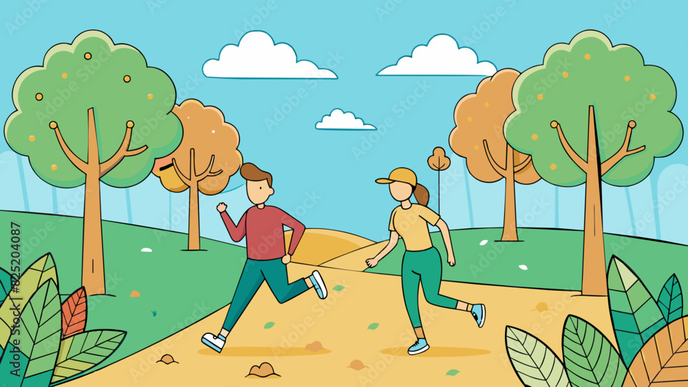 Aufkleber A soft cool breeze rustled through the treetops as joggers made their way along a peaceful trail. The leaves rustled gently creating a calming. Cartoon Vector.