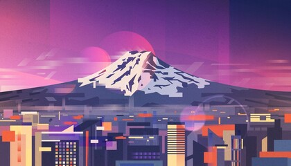 Illustration of VR digital futuristic mountain landscape and city