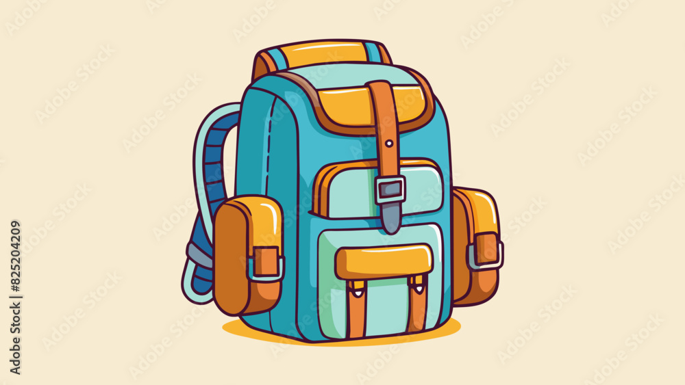 Poster A spacious waterresistant backpack with padded ss and multiple compartments for organized storage while hiking or traveling.. Cartoon Vector.