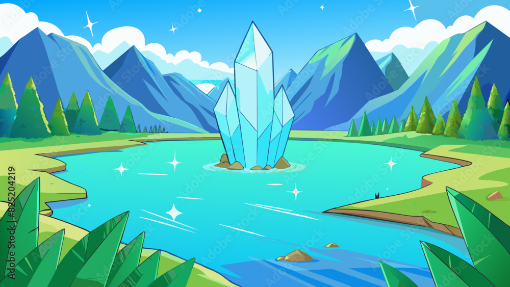 Poster a sparkling crystalclear lake surrounded by lush green mountains and a bright blue sky. the water is