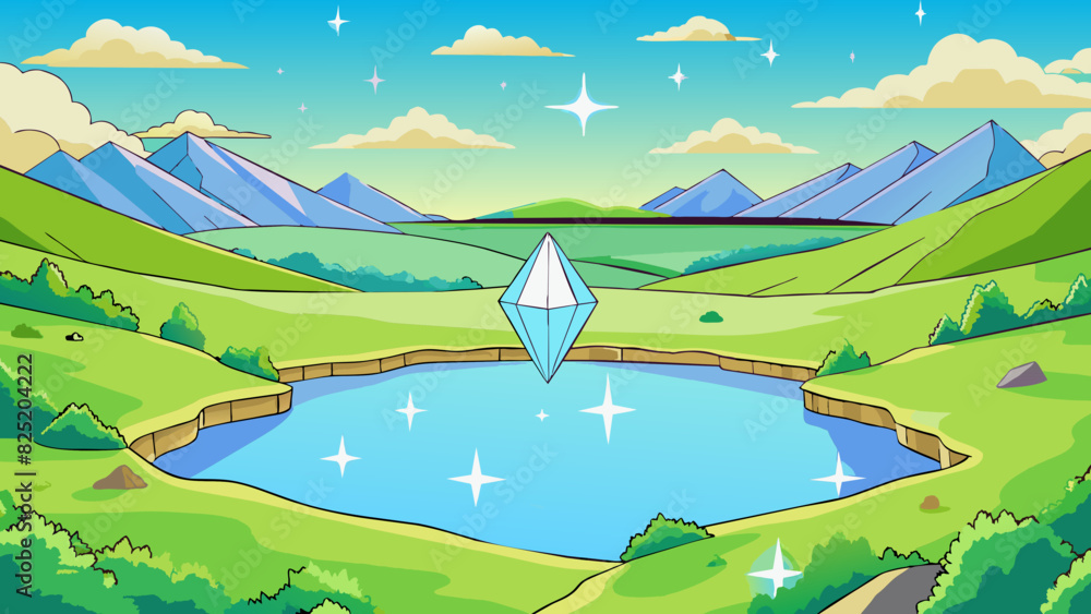 Aufkleber a sparkling crystalclear lake nestled between two rolling green hills mirroring the vast expanse of 
