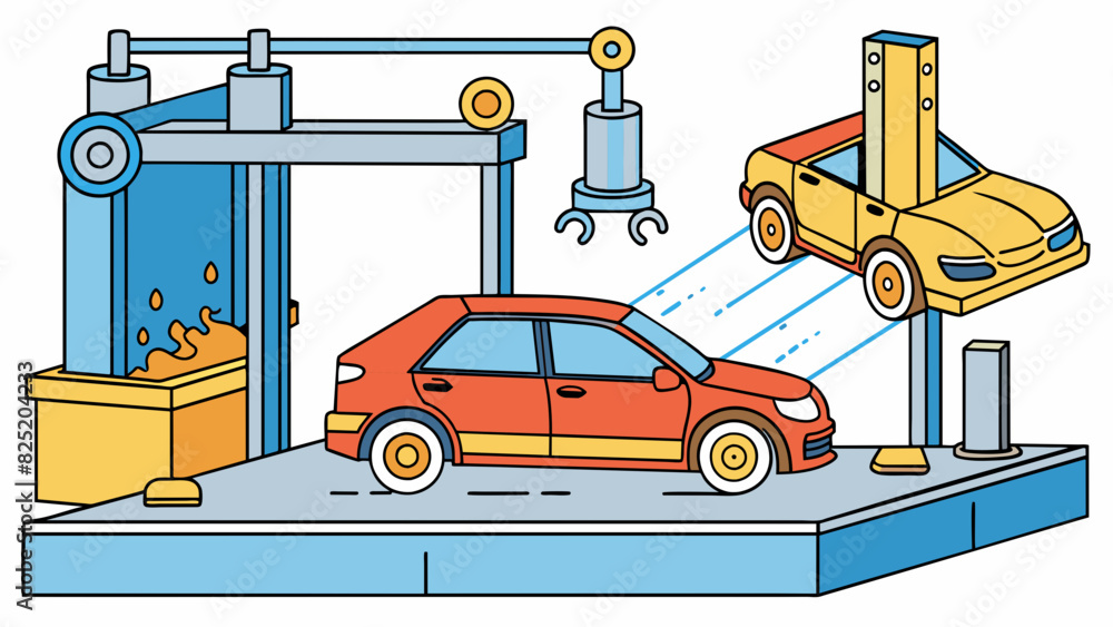 Poster As part of the manufacturing process for a car the raw metal is first molded into a specific shape using a large press machine. The process involves. Cartoon Vector.