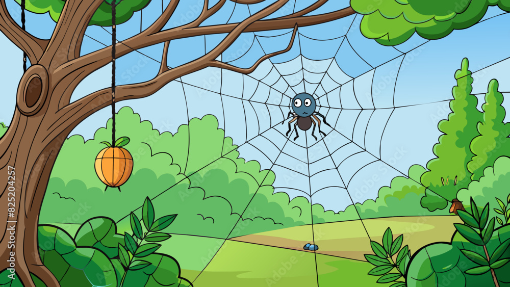 Aufkleber a spiders web hangs from a tree branch glistening in the morning dew.. cartoon vector.