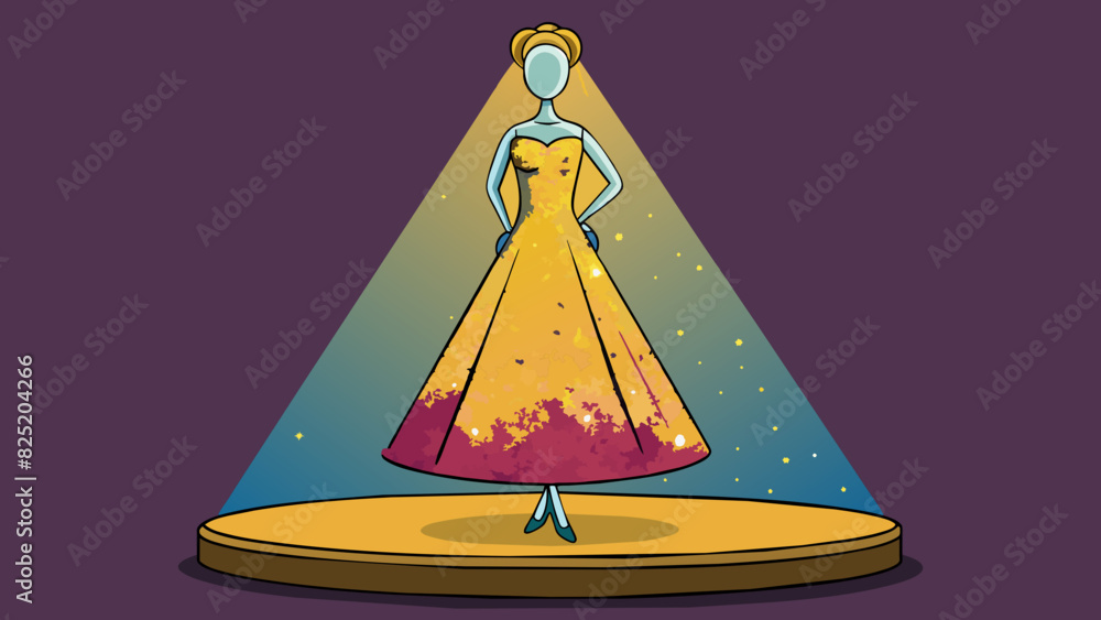 Poster a spotlight shines on a mannequin dressed in a glittering gown positioned atop a rotating platform. 