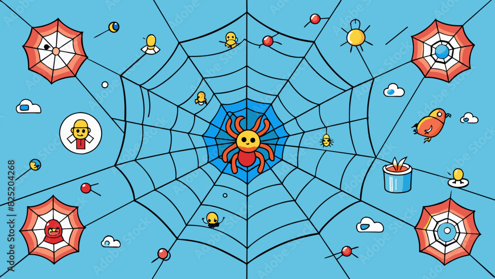 Poster A spiderweb showing the interconnectedness of different tactics and how they all work together towards a central goal. Its characteristics include. Cartoon Vector.