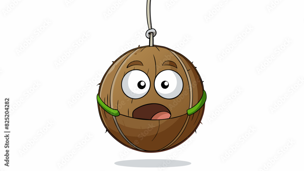 Poster A spherical object with a rough surface and a distinct smell often found hanging from trees and used as a source of nutrition for animals.. Cartoon Vector.