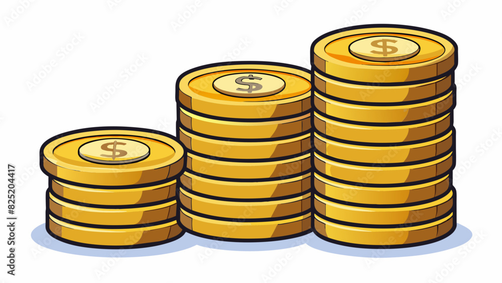 Poster A stack of shiny metallic coins in varying sizes and values each with a distinct emblem or image on one side.. Cartoon Vector.