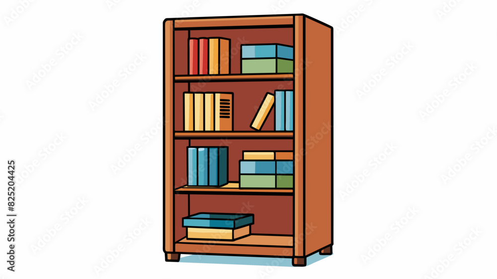 Poster A standard bookshelf This furniture piece is rectangular in shape and made of wood or metal. It has several levels or shelves for storing books and. Cartoon Vector.