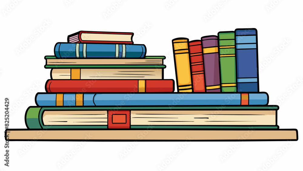Poster A stack of books each with a different cover and genre organized neatly on a shelf each supporting and leaning against the other.. Cartoon Vector.