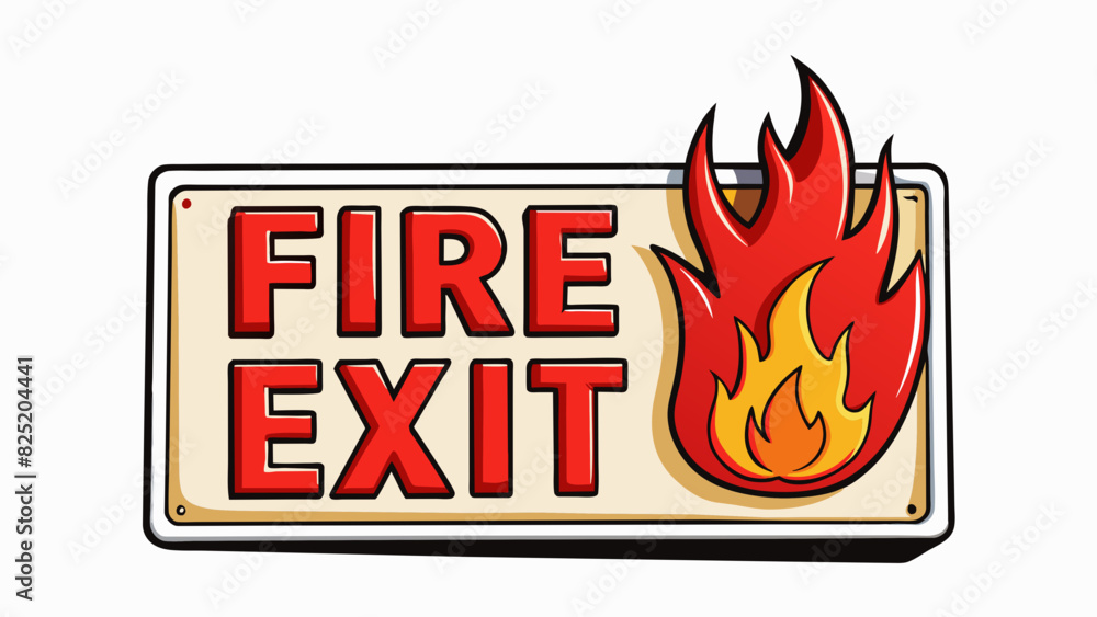 Poster A square shaped sign with a picture of a flame and the words Fire Exit in bold red letters on a white background. The sign is made of thick cardboard. Cartoon Vector.