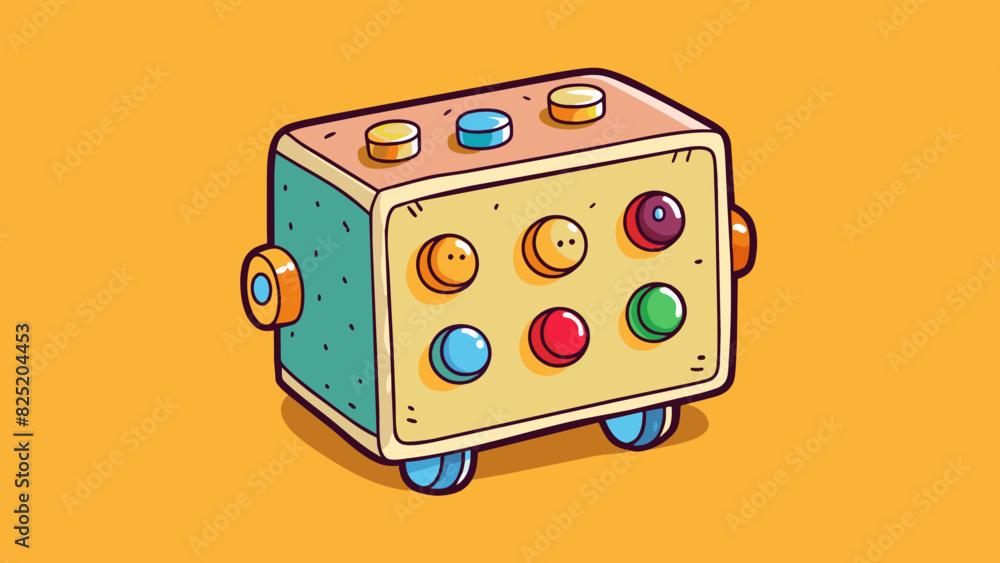 Poster A squareshaped object with a soft plush exterior and colorful buttons on one side. When pressed it emits a series of beeping noises.. Cartoon Vector.