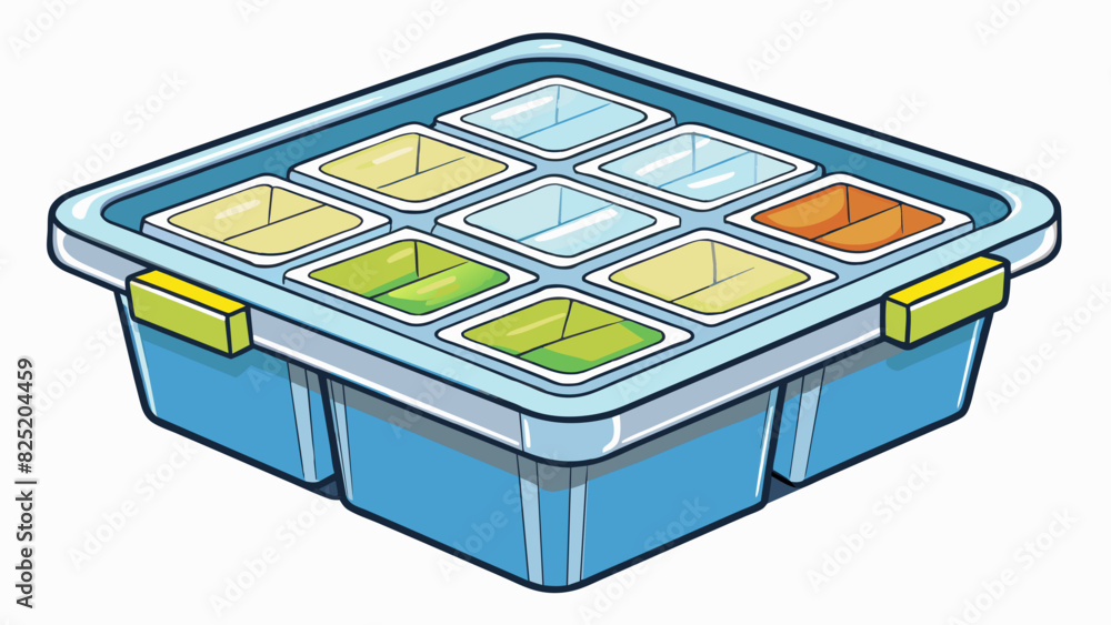Poster a square storage container made of clear plastic used for keeping food fresh. it has a hinged lid an