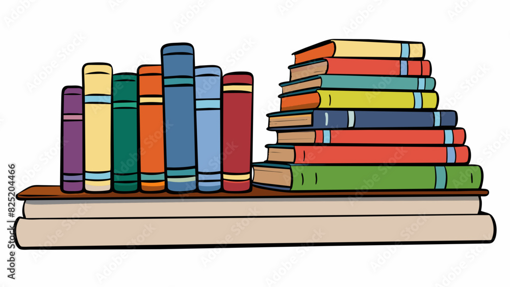 Poster A stack of nine books on a shelf all the same height but varying in thickness and color. Each book has a different genre and title making it a diverse. Cartoon Vector.
