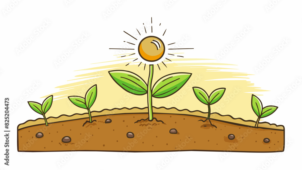 Poster A state of growth The object is a small seedling sprouting from the ground with tiny leaves and a thin stem reaching towards the sun. The soil around. Cartoon Vector.