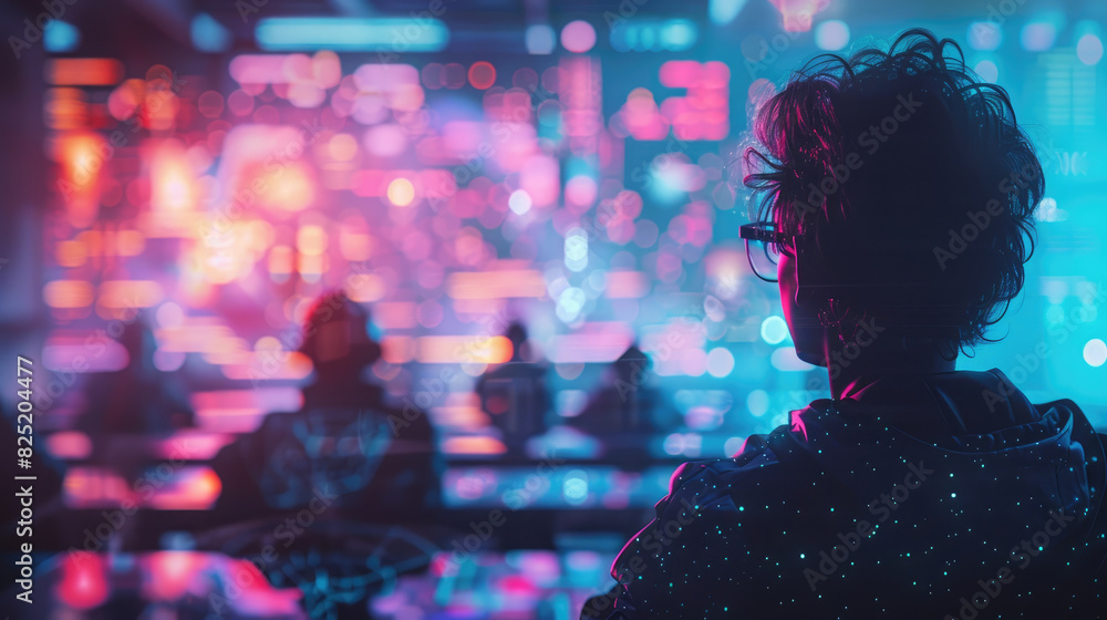 Poster a man with glasses is looking at a computer screen with a blurry background. the image has a futuris