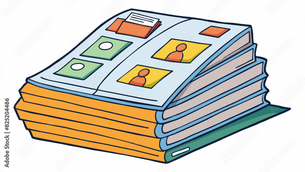 Poster A stack of rectangular papers with words and images printed on them obviously a book waiting to be read.. Cartoon Vector.