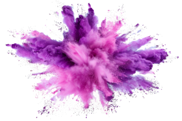 bright purple paint color powder festival explosion burst isolated white background.	