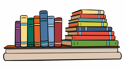 Naklejka premium A stack of nine books on a shelf all the same height but varying in thickness and color. Each book has a different genre and title making it a diverse. Cartoon Vector.