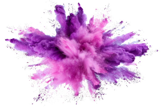 bright purple paint color powder festival explosion burst isolated white background.	