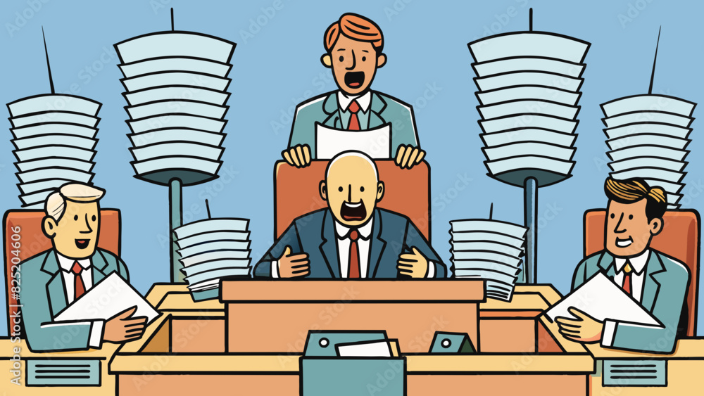 Poster As the session begins members of parliament take their seats each with a stack of documents and a microphone in front of them. The room is filled with. Cartoon Vector.