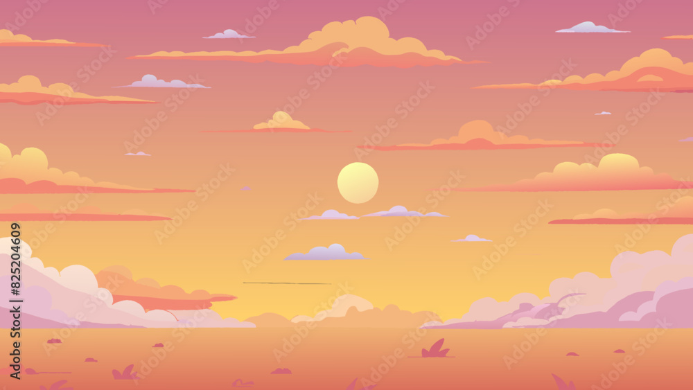 Poster As the sun began to set the majority of the sky turned a pink and orange hue with only a few wispy clouds tered throughout.. Cartoon Vector.