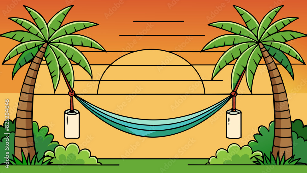 Poster As the sun sets over the horizon a hammock sways gently between two tall palm trees. Its netted surface provides a comfortable and cool place to lie. Cartoon Vector.