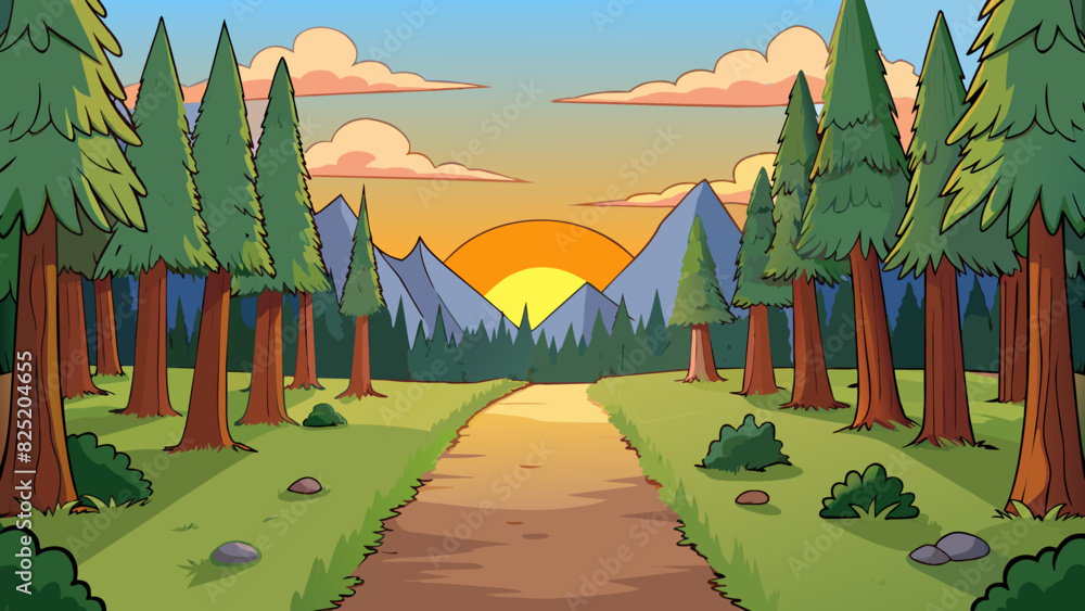 Poster As the sun set behind the mountains a small path led within the dense forest. The tall trees provided a natural canopy above casting a shadowy light. Cartoon Vector.