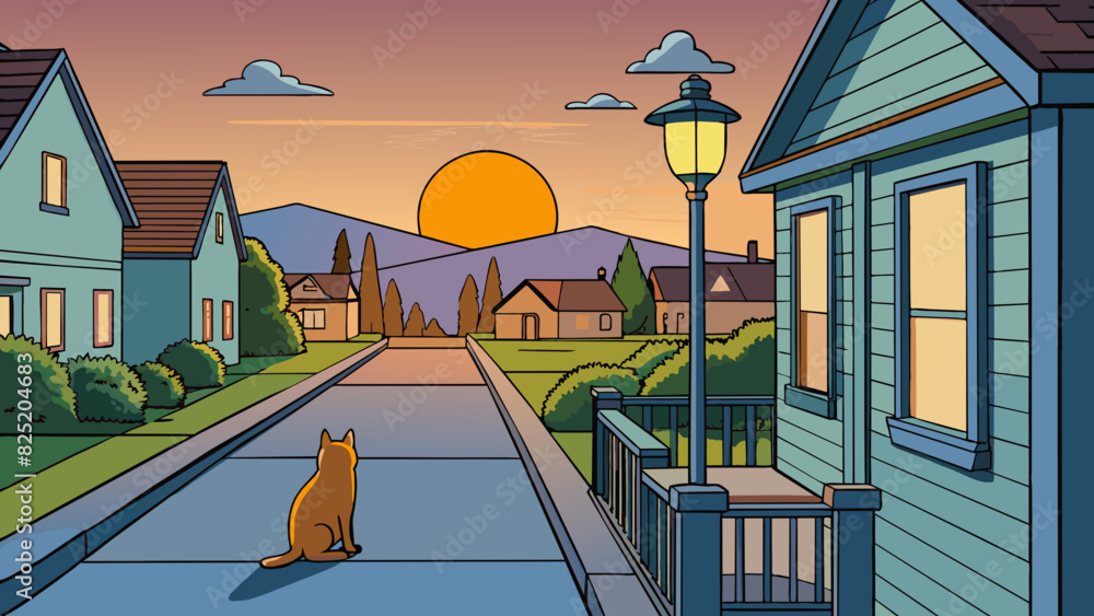 Wall mural as the sun sets the streetlights flicker on casting a warm glow on the quiet suburban neighborhood. 