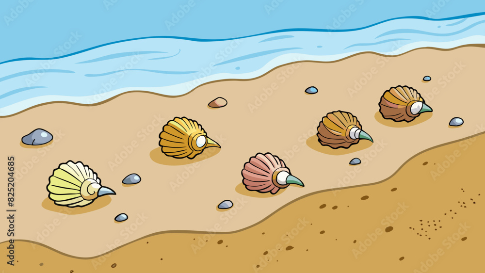 Aufkleber as the tide recedes tiny seashells start to arise from the wet sand. each one is unique in its shape