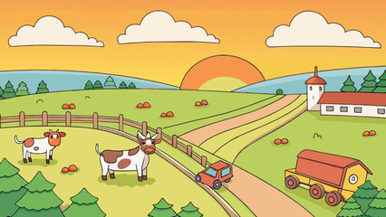 As the sun set behind the hills the last rays of light lingered on the horizon casting a warm orange glow over the countryside. The fields were dotted. Cartoon Vector.